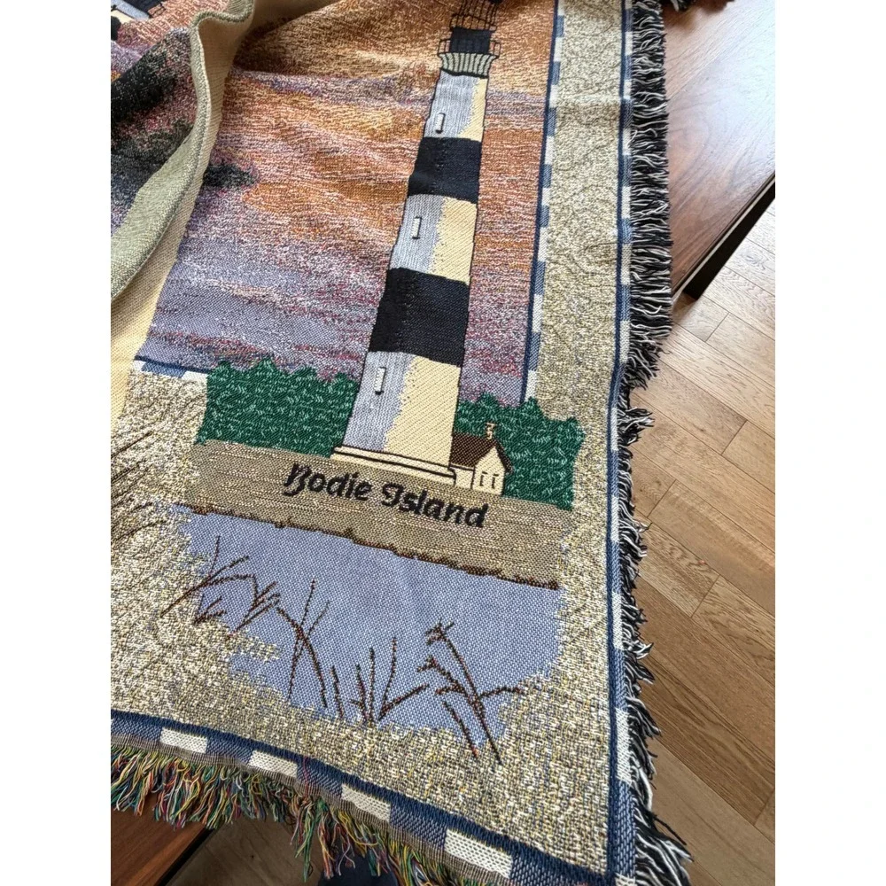 VTG Home Interiors Lighthouse Cotton Woven Throw Blanket Multicolor Nautical